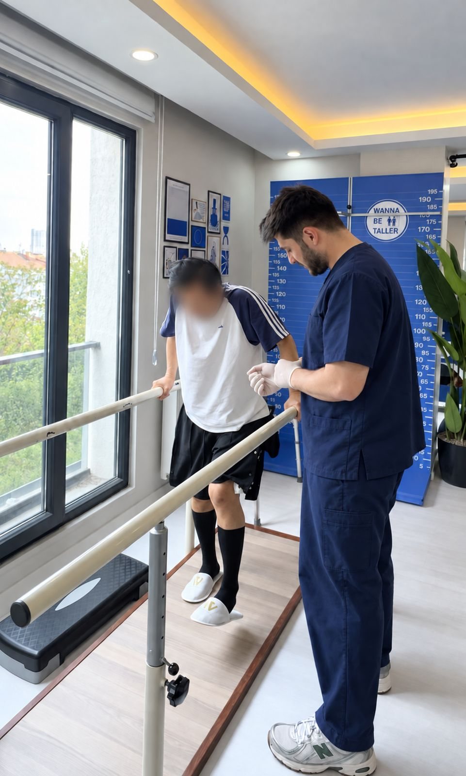 Osman Oğuz guiding a patient between parallel bars