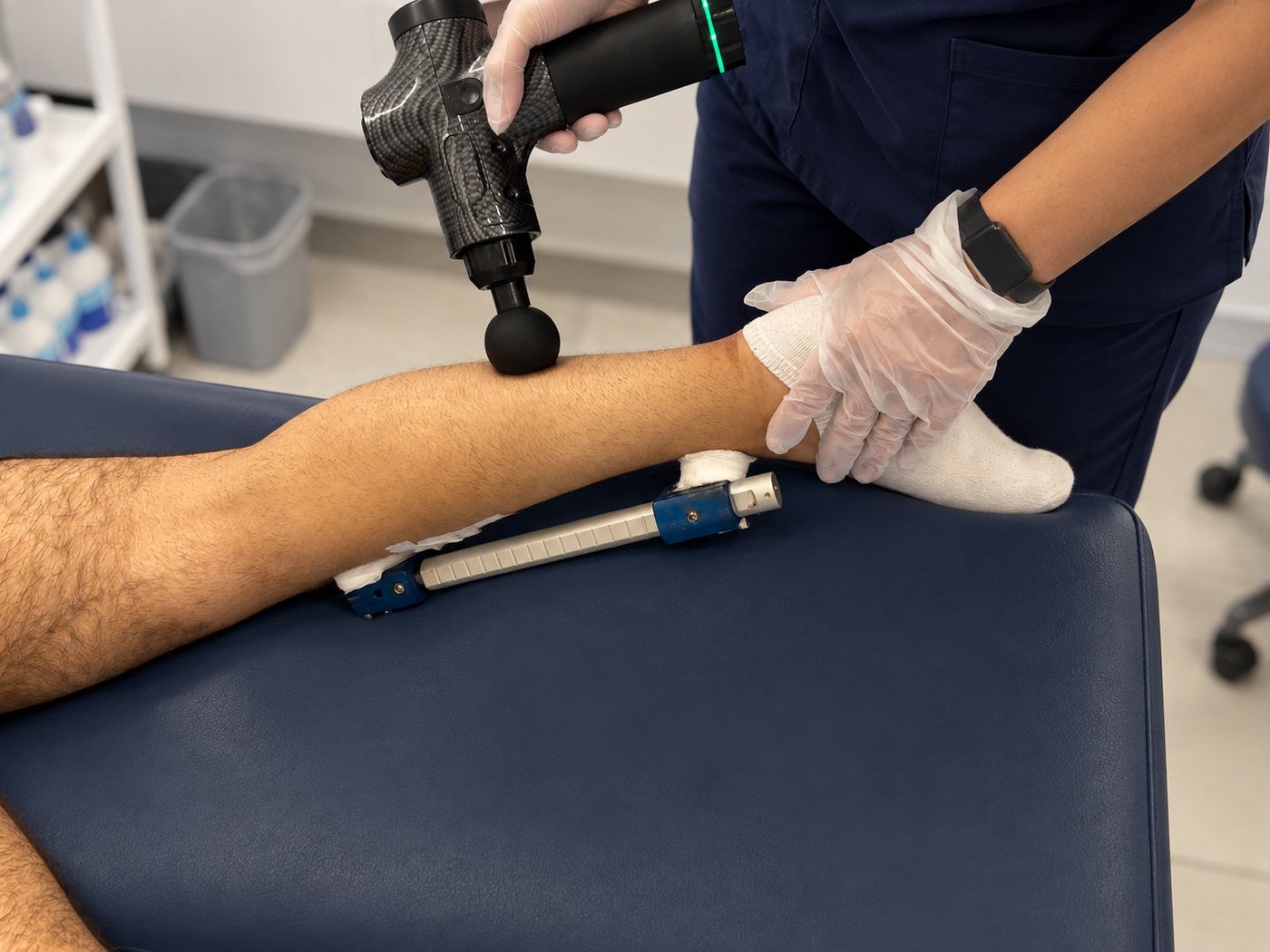 Percussion massage on the calf during tibia lengthening