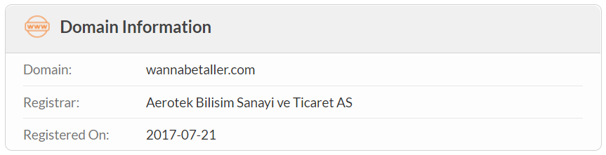 WHOIS record of wannabetaller.com, registered 21 July 2017